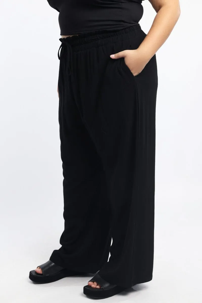 Black Paperbag Elastic Waist Linen Blend Wide Leg Pants
