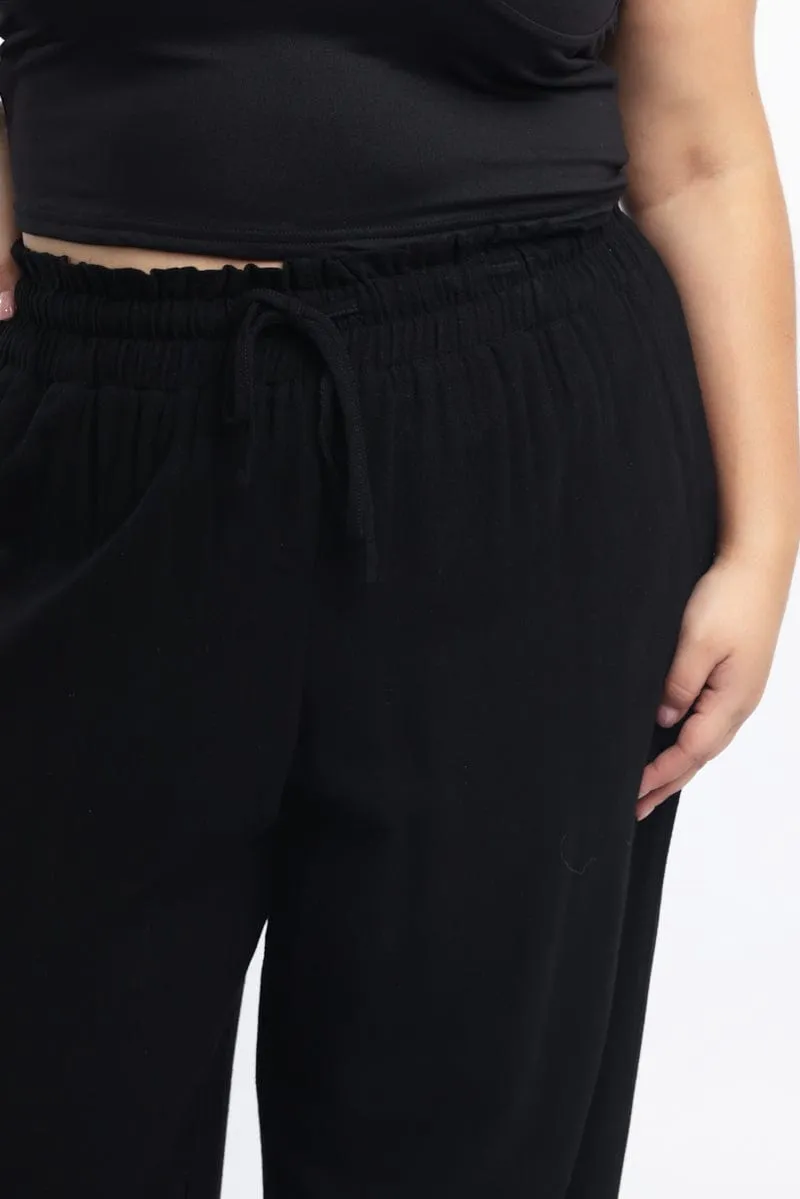 Black Paperbag Elastic Waist Linen Blend Wide Leg Pants