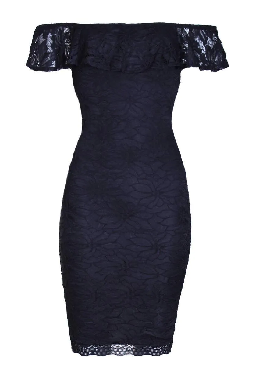 Black Ruffled Off The Shoulder Lace Midi Dress