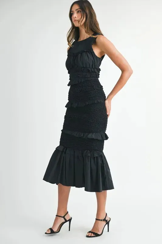 Black Ruffled Popcorn Smocked Mermaid Midi Dress – Elegant & Whimsical
