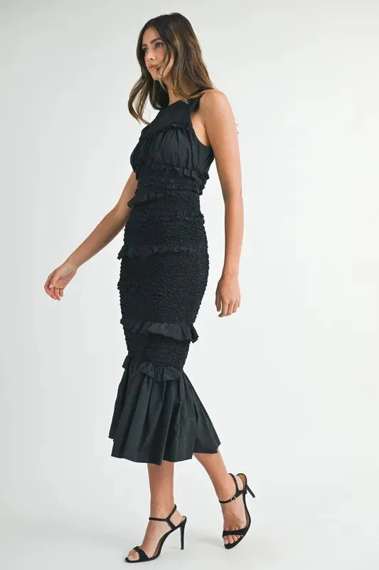 Black Ruffled Popcorn Smocked Mermaid Midi Dress – Elegant & Whimsical