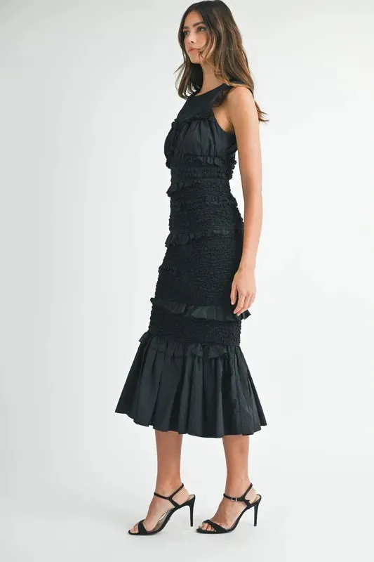 Black Ruffled Popcorn Smocked Mermaid Midi Dress – Elegant & Whimsical