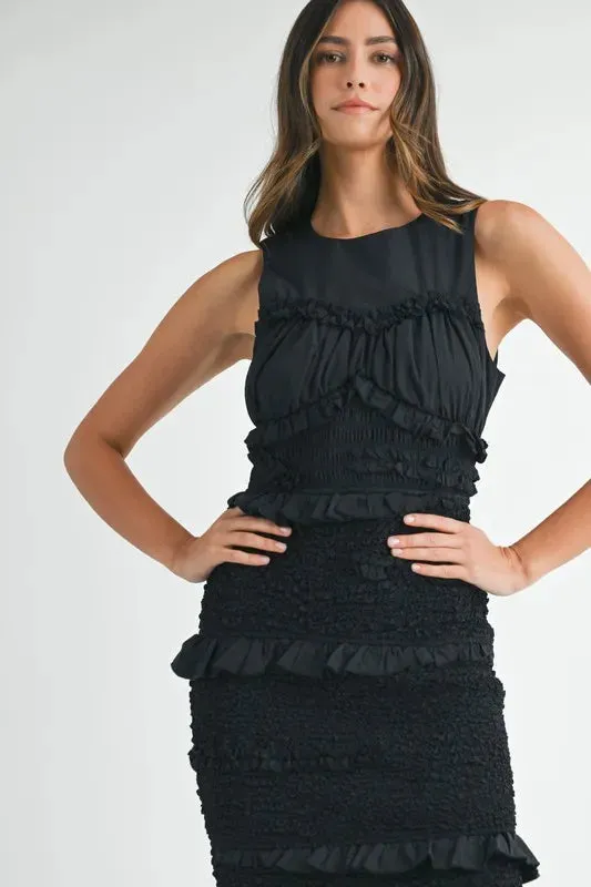 Black Ruffled Popcorn Smocked Mermaid Midi Dress – Elegant & Whimsical
