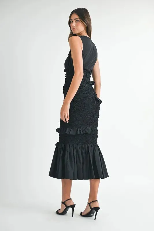 Black Ruffled Popcorn Smocked Mermaid Midi Dress – Elegant & Whimsical
