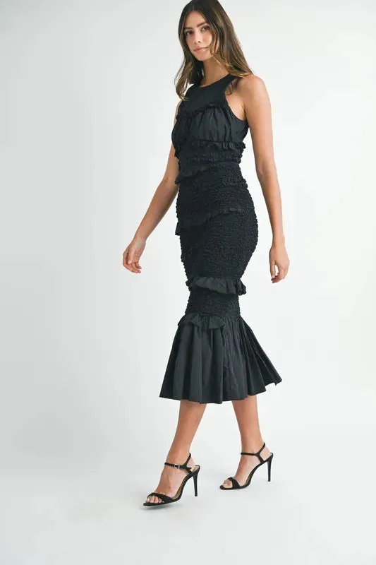 Black Ruffled Popcorn Smocked Mermaid Midi Dress – Elegant & Whimsical