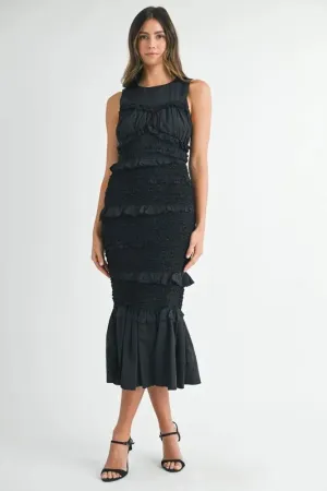 Black Ruffled Popcorn Smocked Mermaid Midi Dress – Elegant & Whimsical