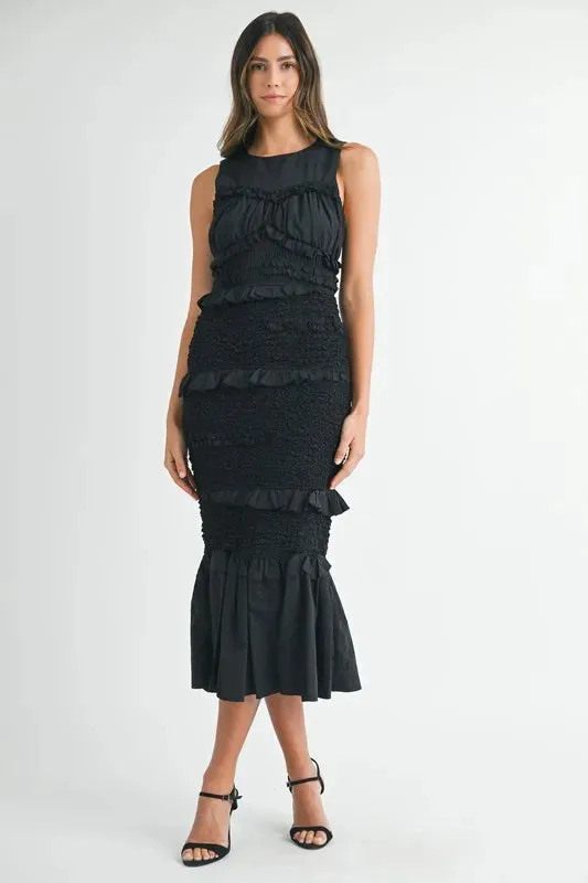 Black Ruffled Popcorn Smocked Mermaid Midi Dress – Elegant & Whimsical