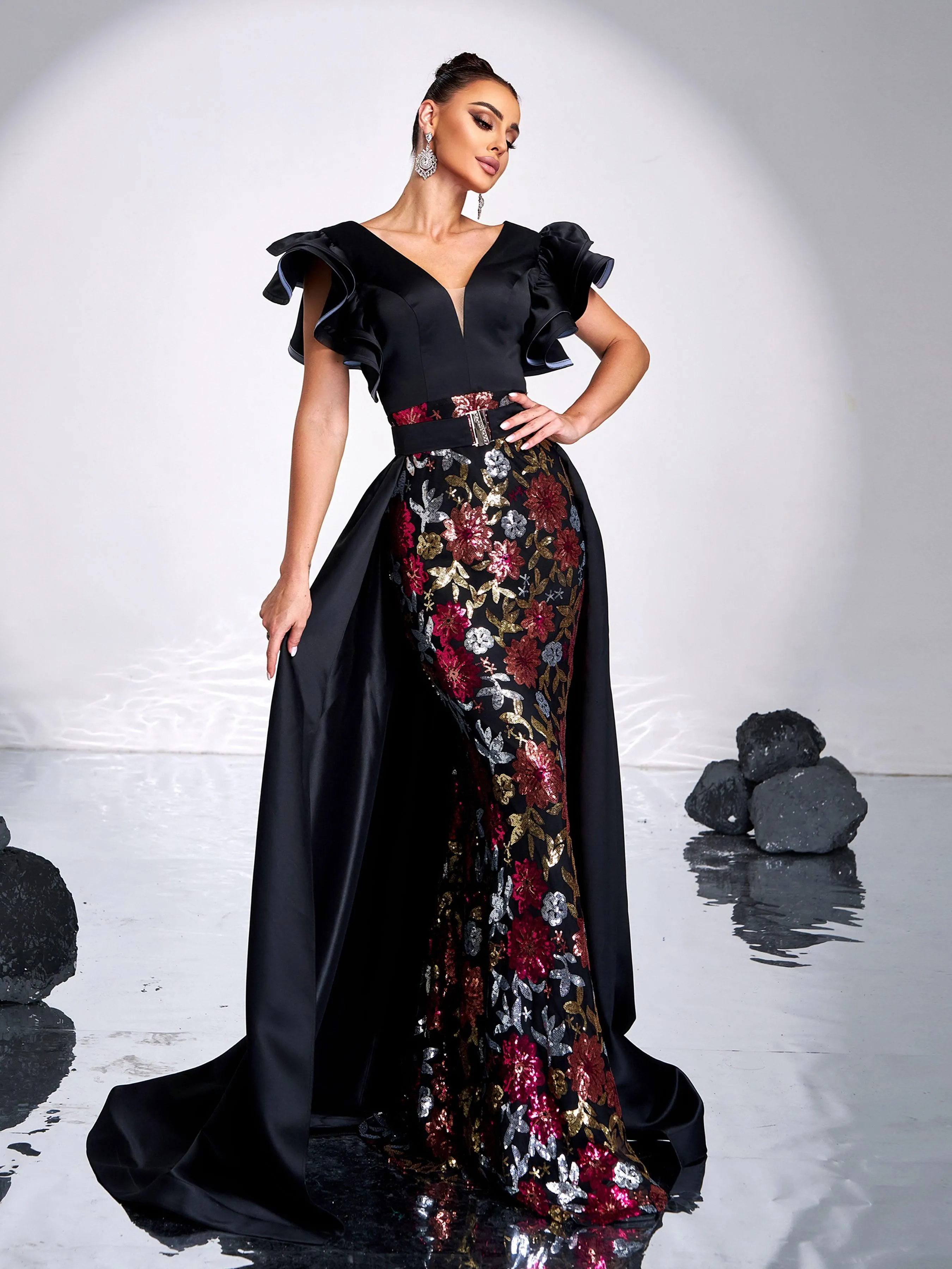 Black Sequin Ruffled Belt Cape Evening Dress RX70115