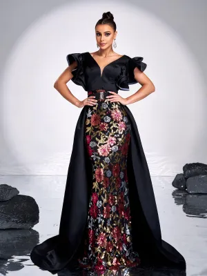 Black Sequin Ruffled Belt Cape Evening Dress RX70115