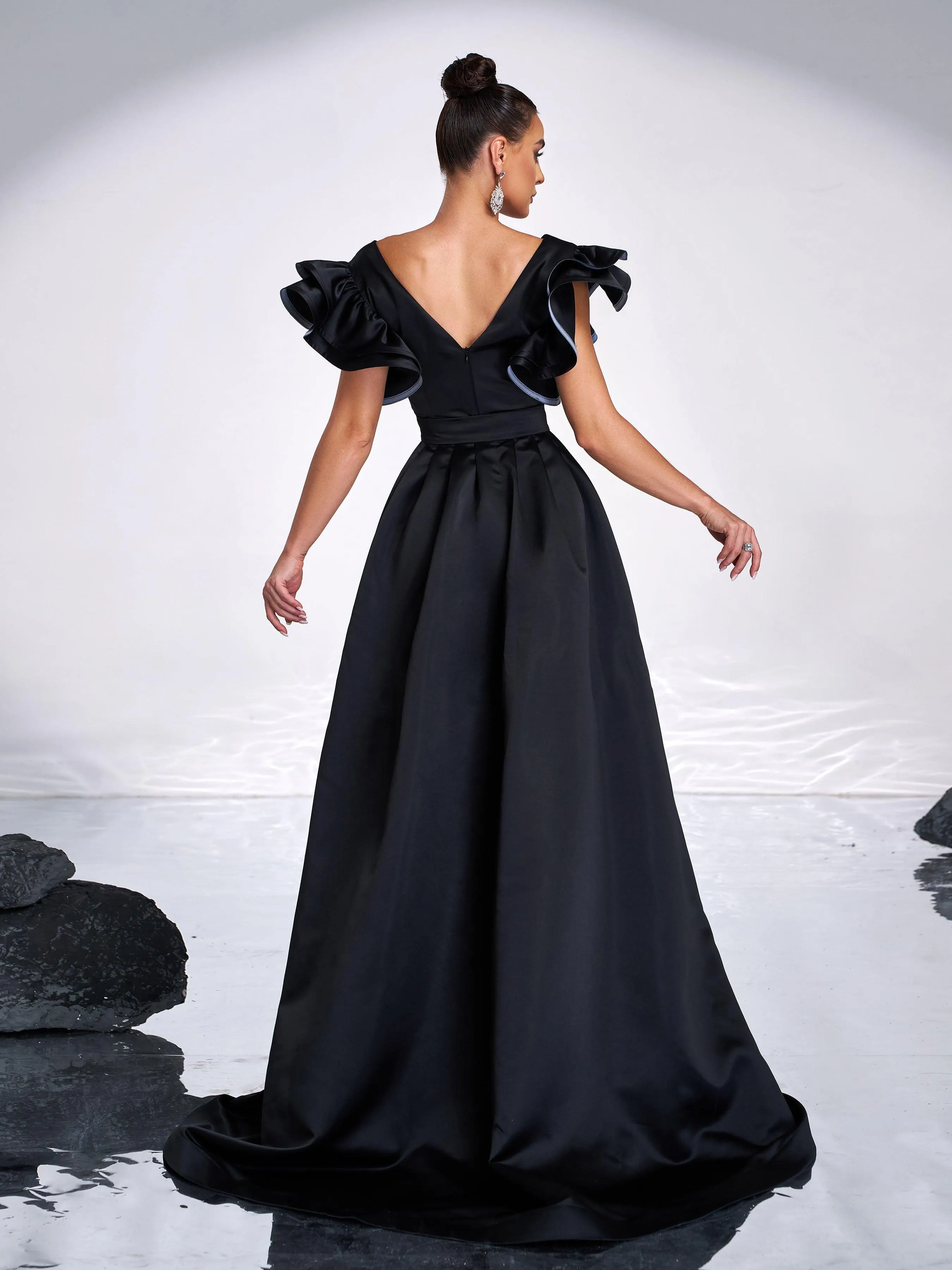 Black Sequin Ruffled Belt Cape Evening Dress RX70115