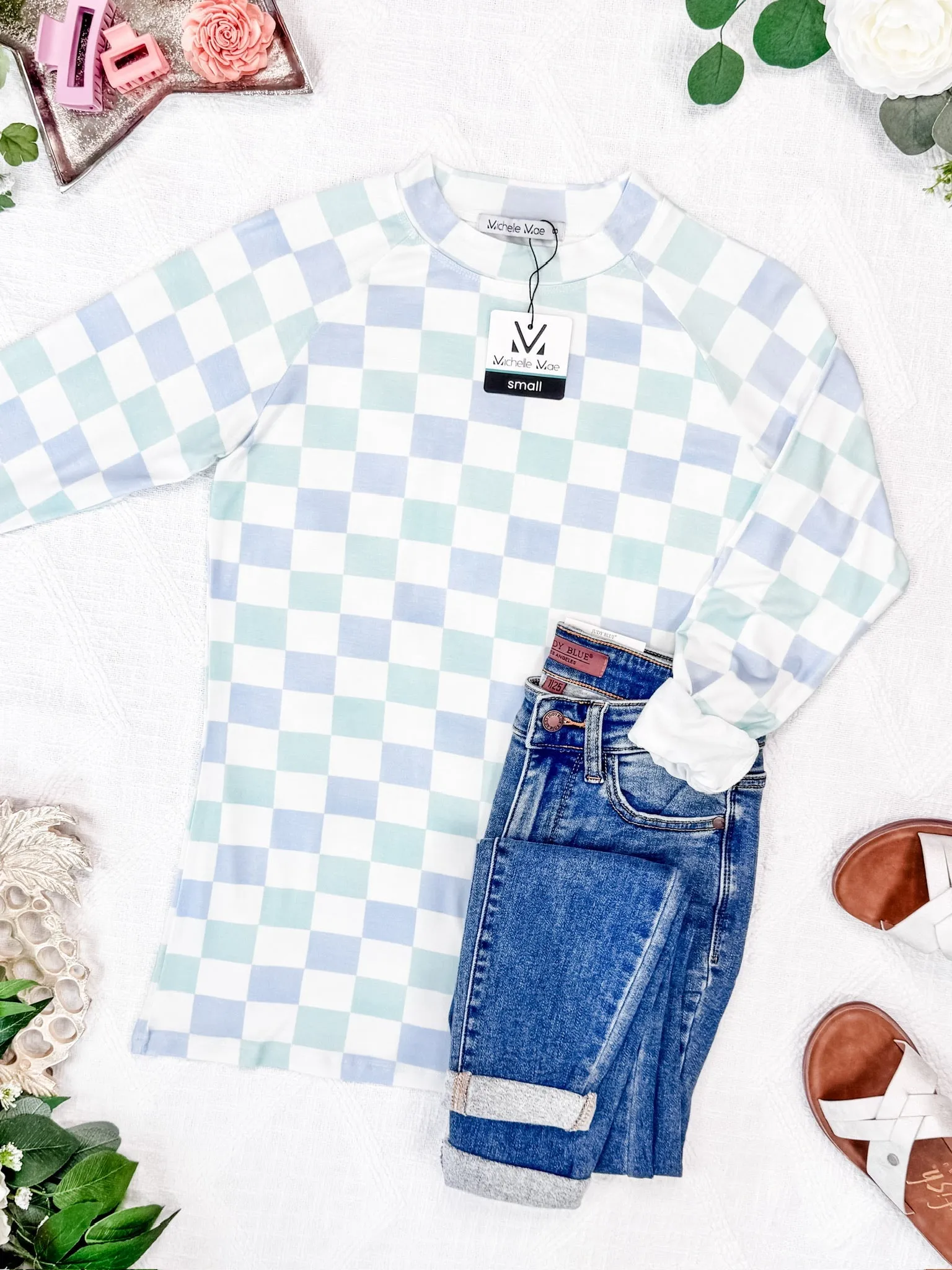 Blair Long Sleeve Top - Blue and Mint Checker