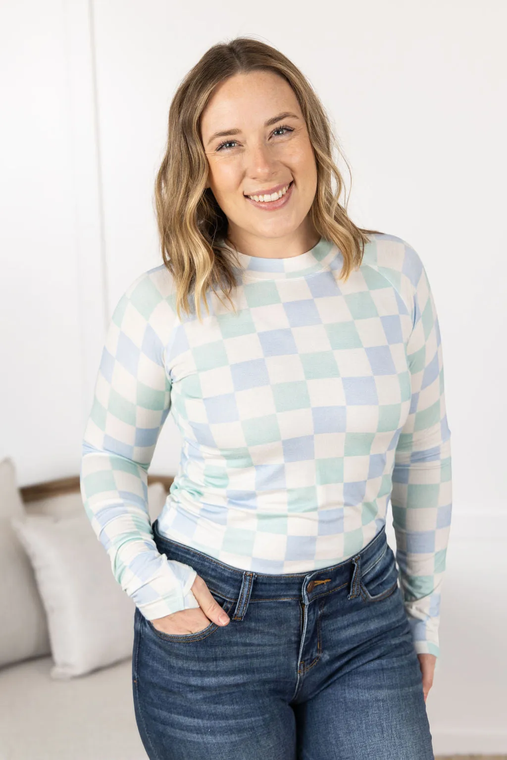 Blair Long Sleeve Top - Blue and Mint Checker