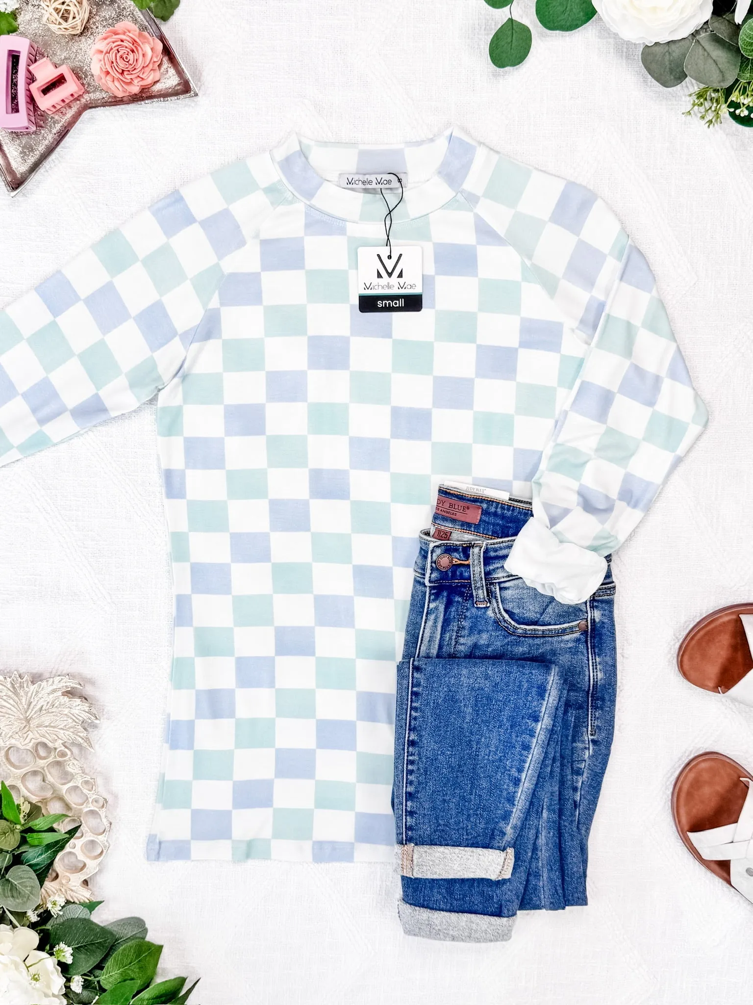 Blair Long Sleeve Top - Blue and Mint Checker