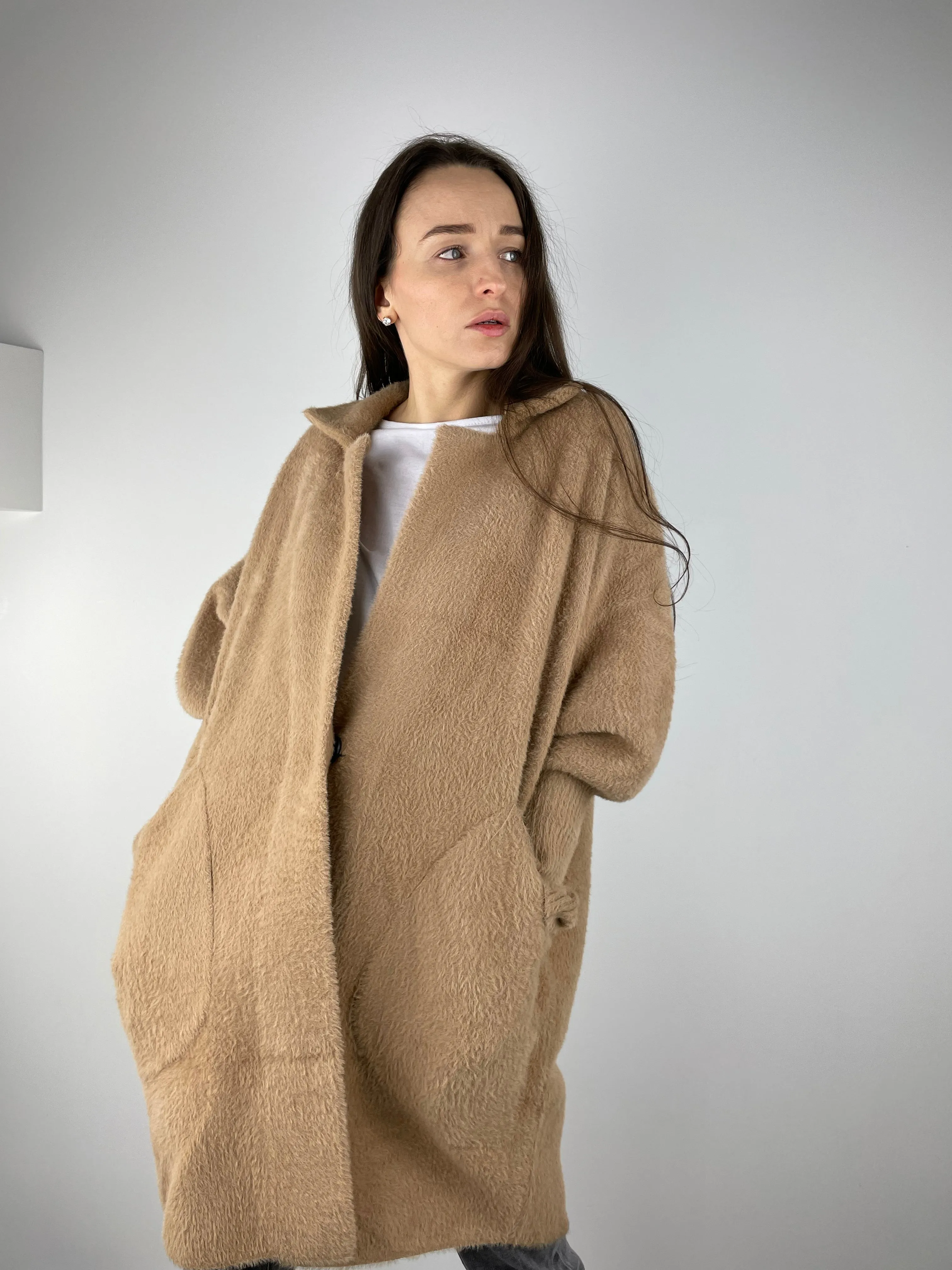 Blended wool beige alpaca coat Short