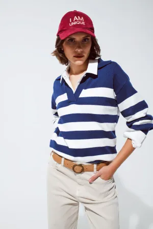 Blue and white striped sweater with V neck and polo collar