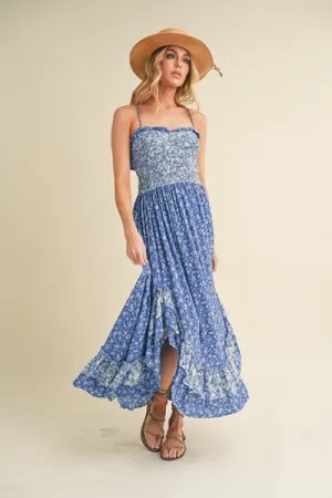 Blue Ditsy Floral Ruffled Hem Maxi Cami Dress