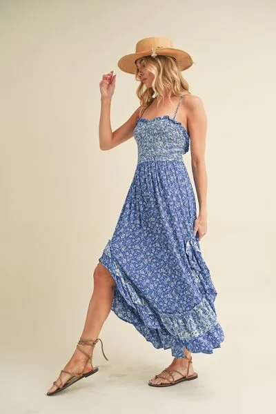 Blue Ditsy Floral Ruffled Hem Maxi Cami Dress