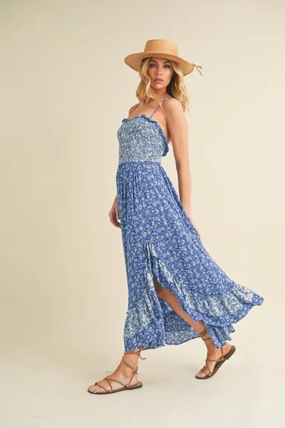 Blue Ditsy Floral Ruffled Hem Maxi Cami Dress