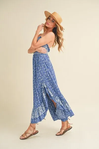 Blue Ditsy Floral Ruffled Hem Maxi Cami Dress