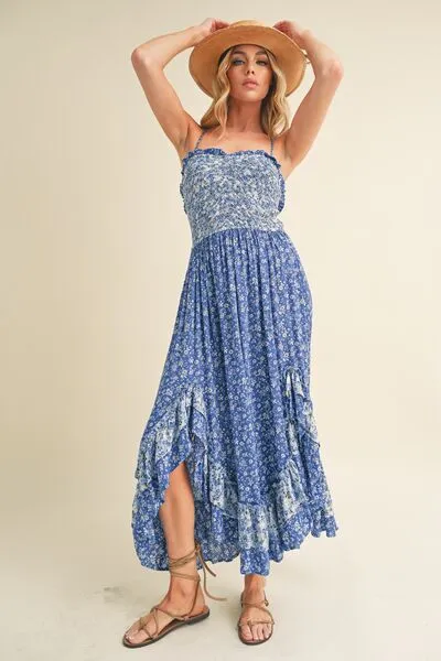 Blue Ditsy Floral Ruffled Hem Maxi Cami Dress