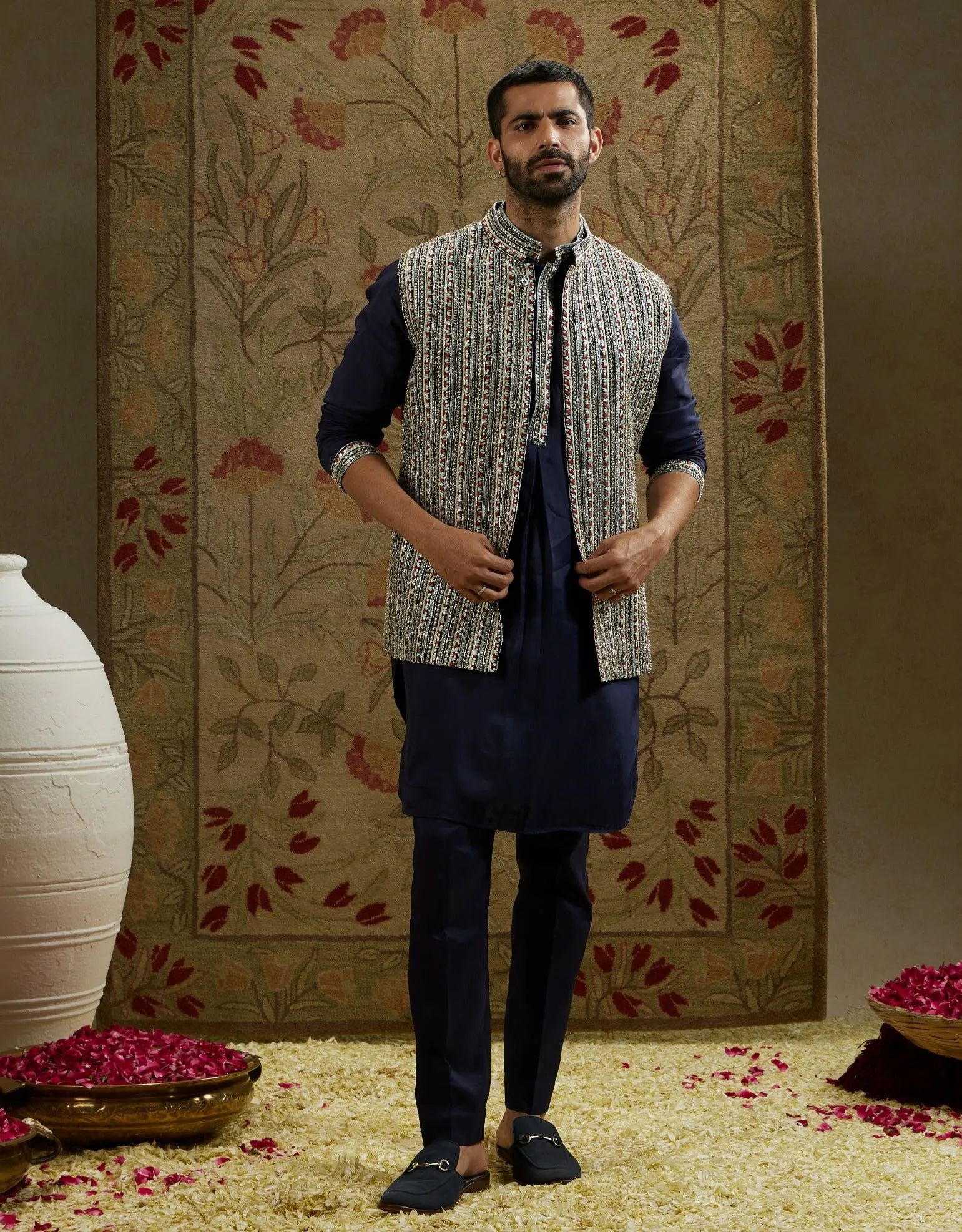 Blue midnight patti embellished kurta and bundi set