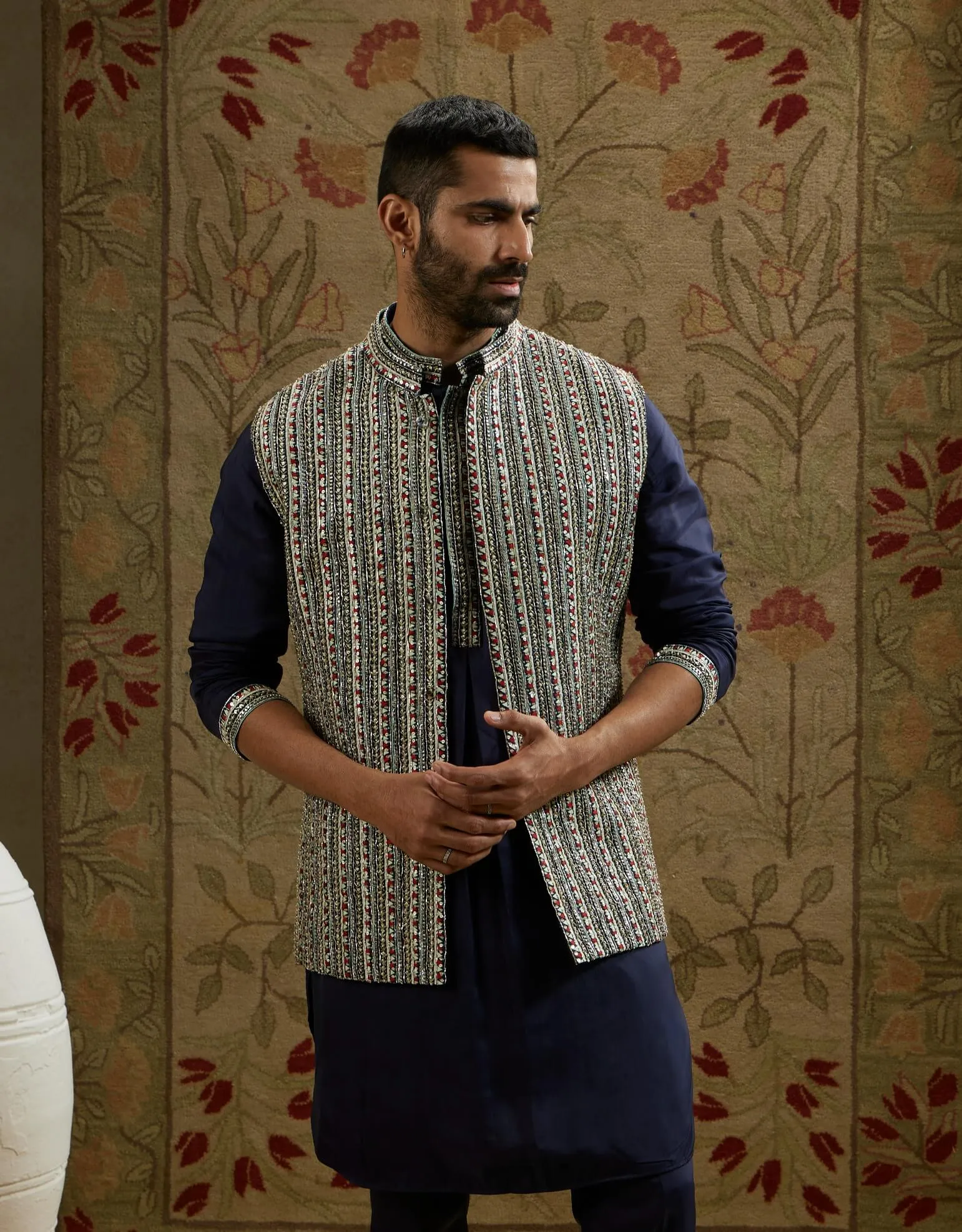Blue midnight patti embellished kurta and bundi set