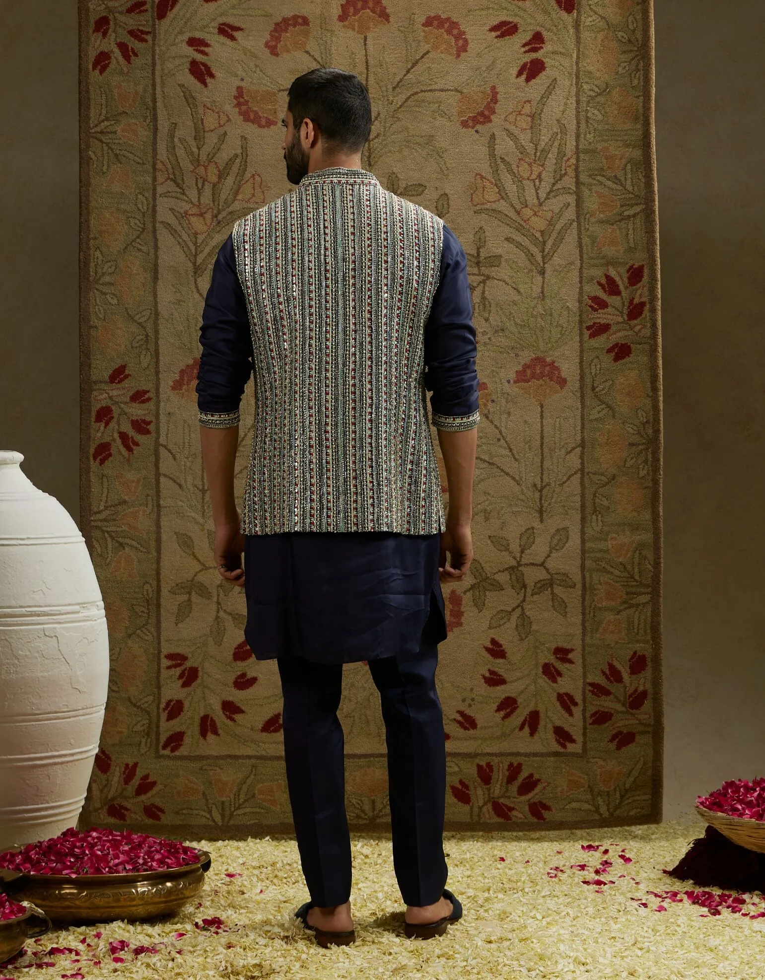 Blue midnight patti embellished kurta and bundi set