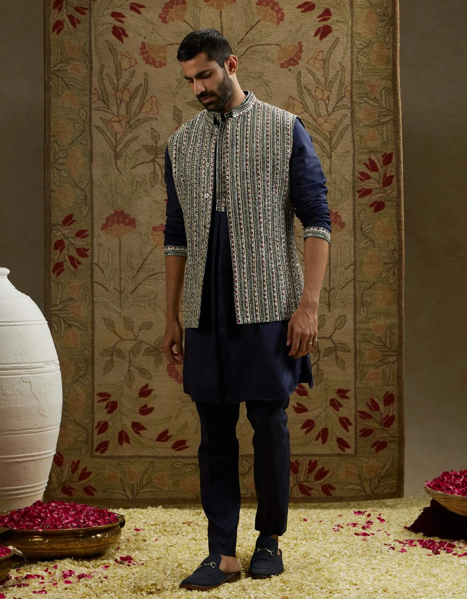 Blue midnight patti embellished kurta and bundi set