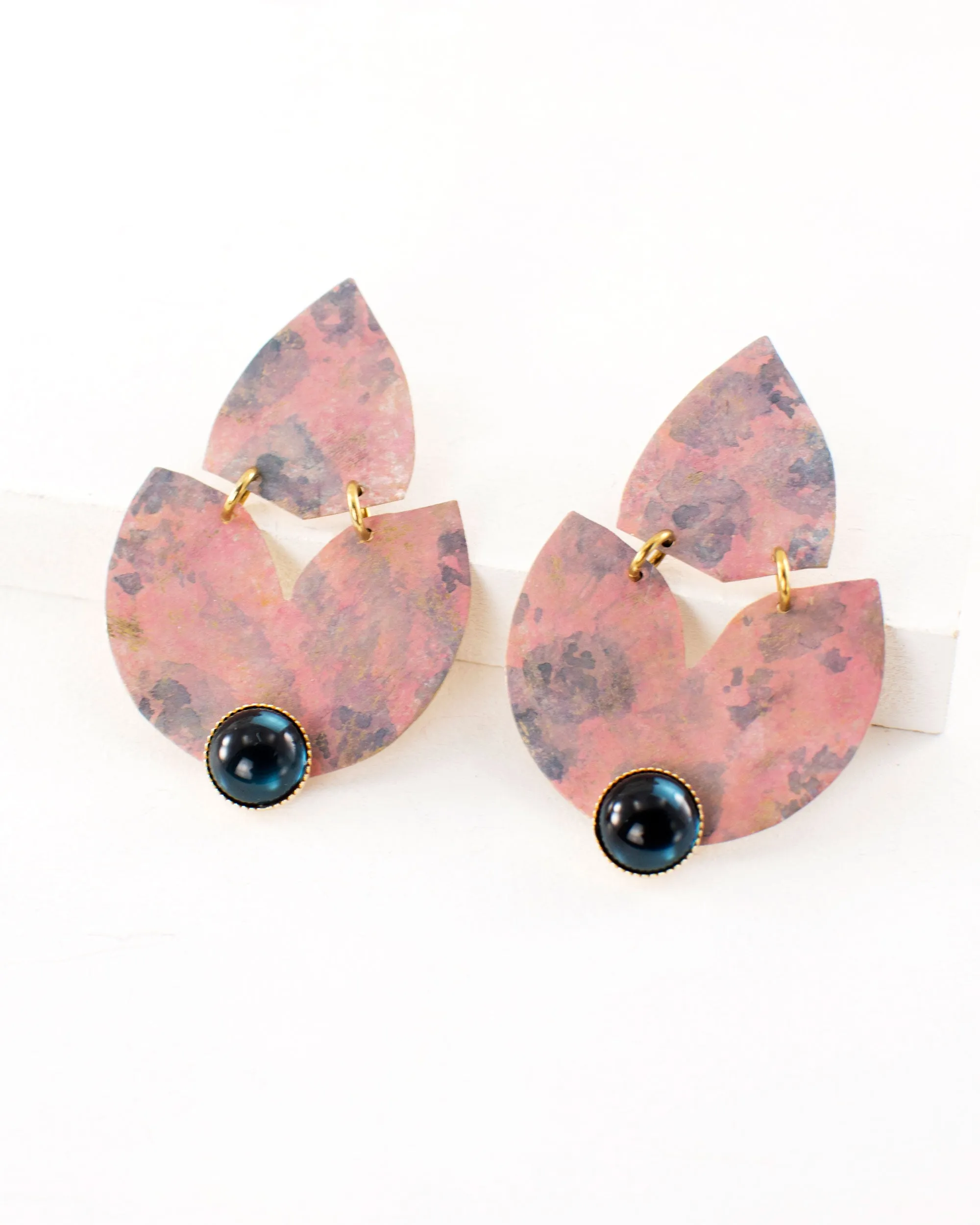 Blush pink blue statement earrings | brass tulip shaped dangles