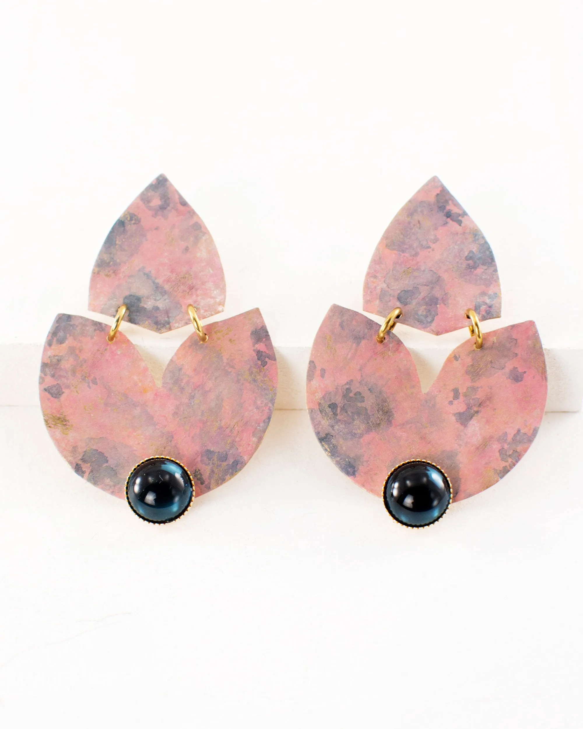 Blush pink blue statement earrings | brass tulip shaped dangles