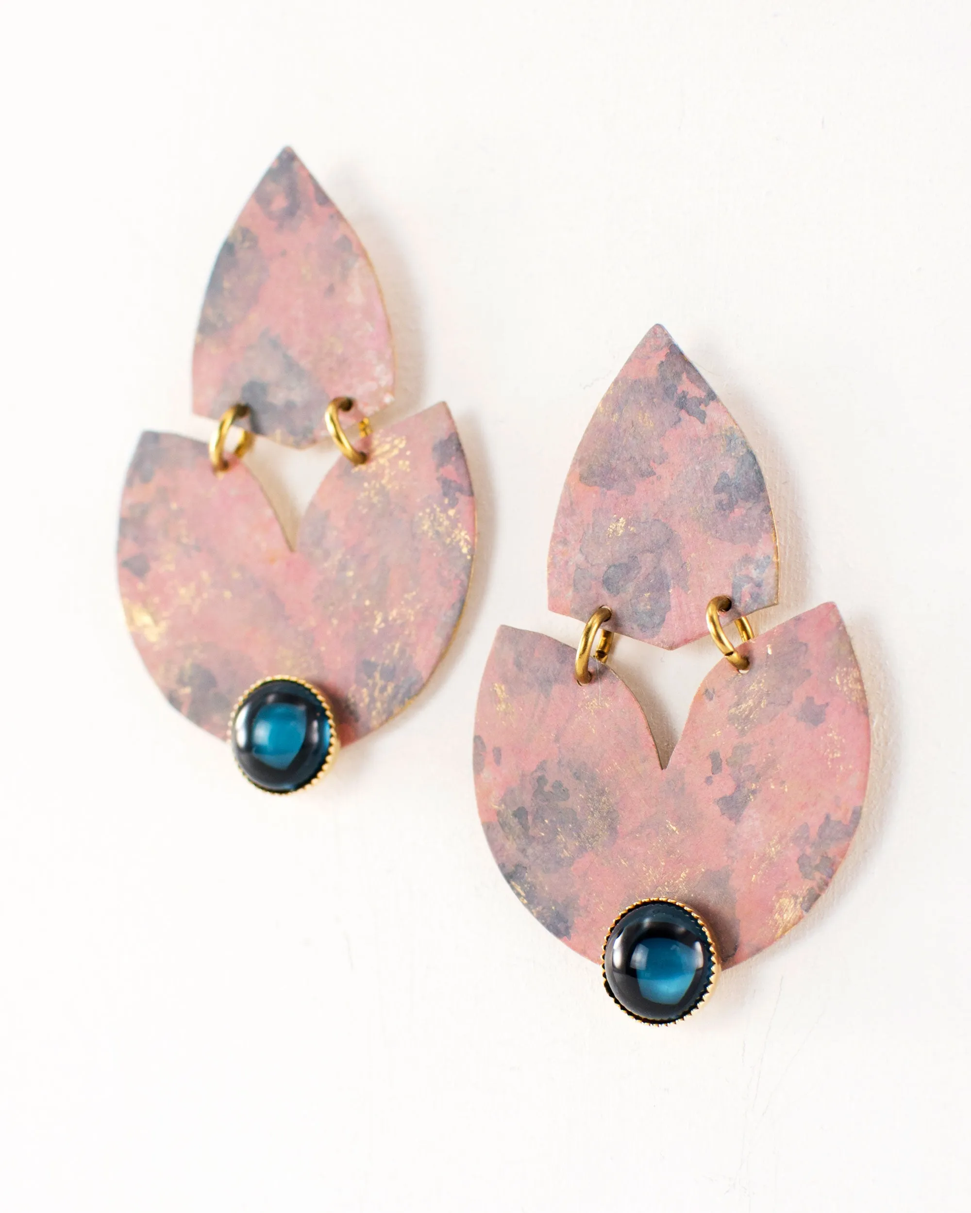 Blush pink blue statement earrings | brass tulip shaped dangles