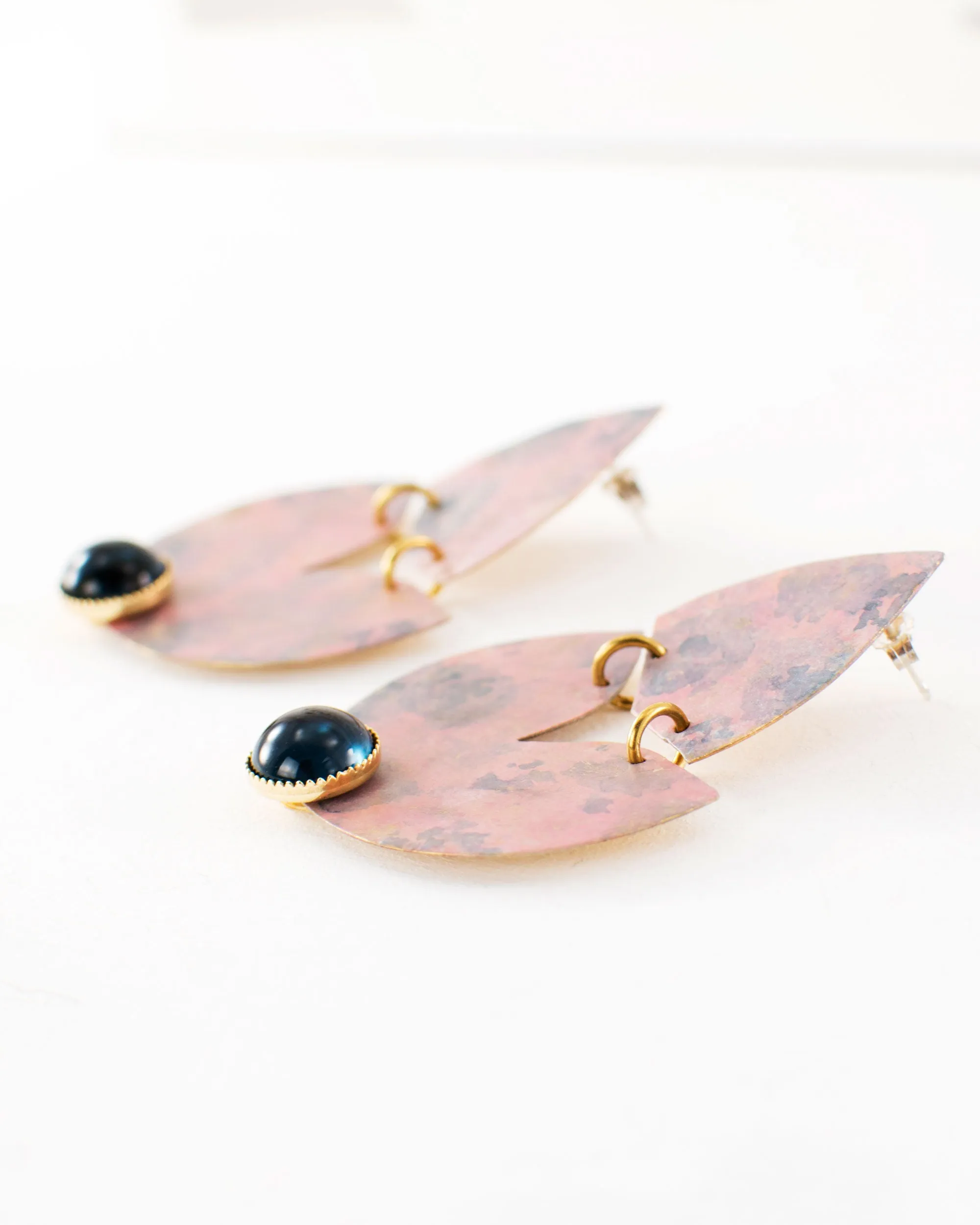 Blush pink blue statement earrings | brass tulip shaped dangles