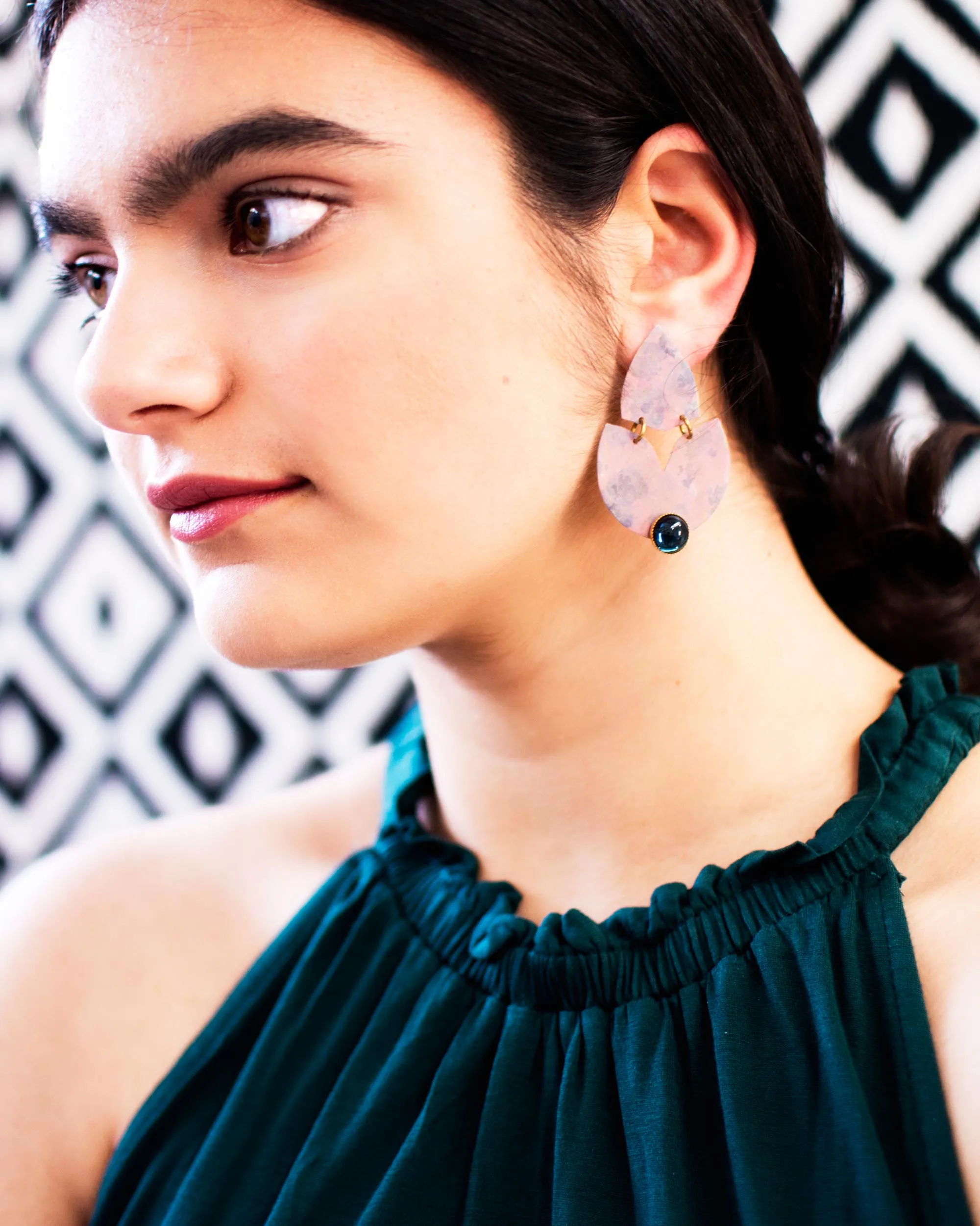 Blush pink blue statement earrings | brass tulip shaped dangles