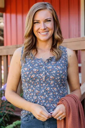 Bountiful Smiles Floral Tank Top- Dusty Blue