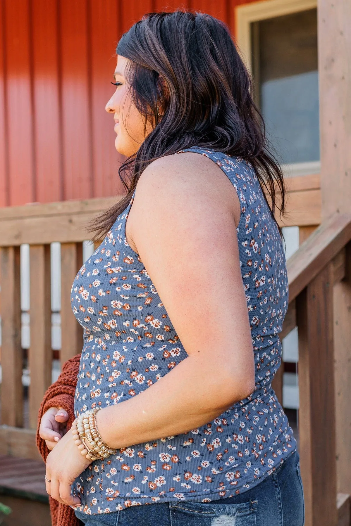 Bountiful Smiles Floral Tank Top- Dusty Blue
