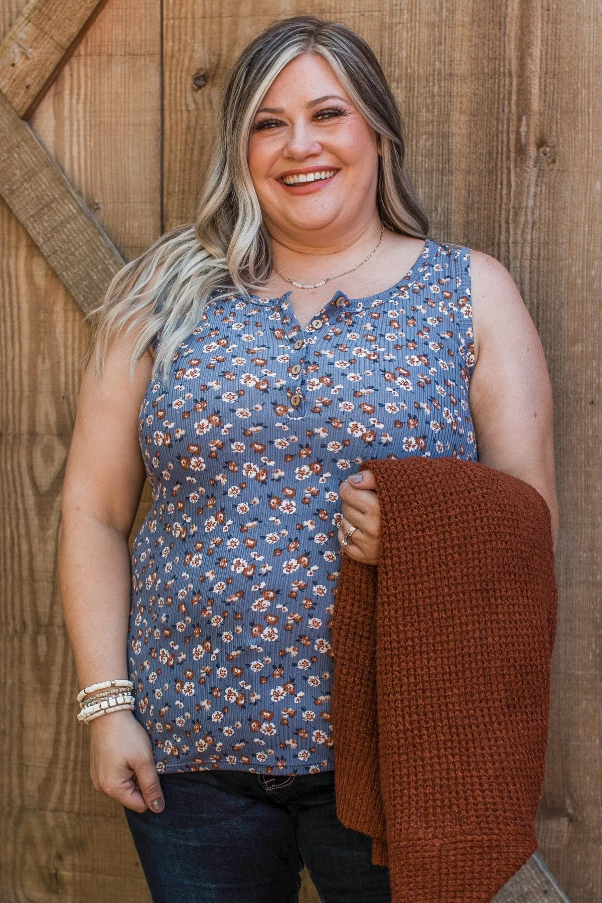 Bountiful Smiles Floral Tank Top- Dusty Blue
