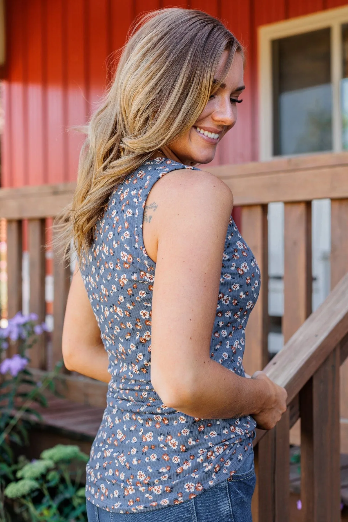 Bountiful Smiles Floral Tank Top- Dusty Blue