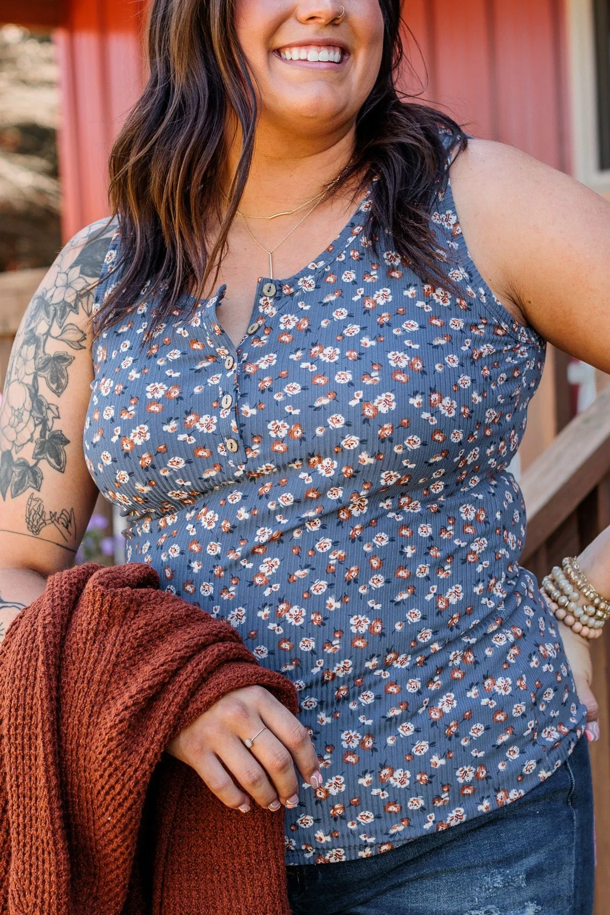 Bountiful Smiles Floral Tank Top- Dusty Blue