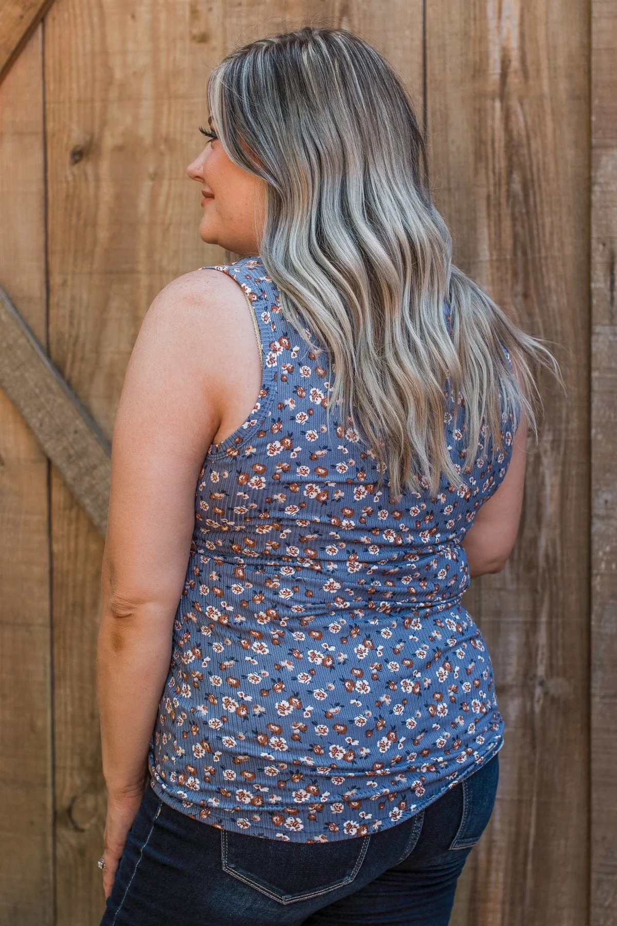 Bountiful Smiles Floral Tank Top- Dusty Blue