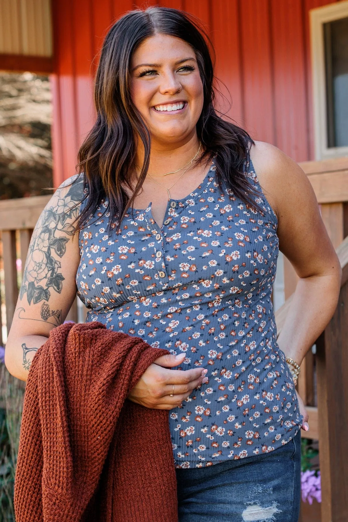 Bountiful Smiles Floral Tank Top- Dusty Blue