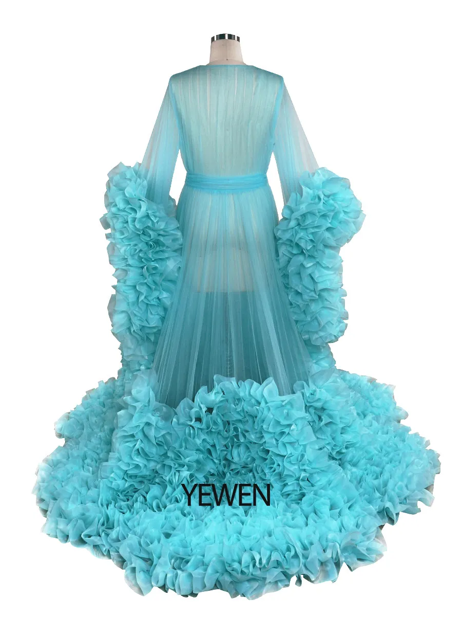 Bow V Neck Organza Pleated Ruffled Long Sleeve Maternity Dress Photo Shoot Baby Shower