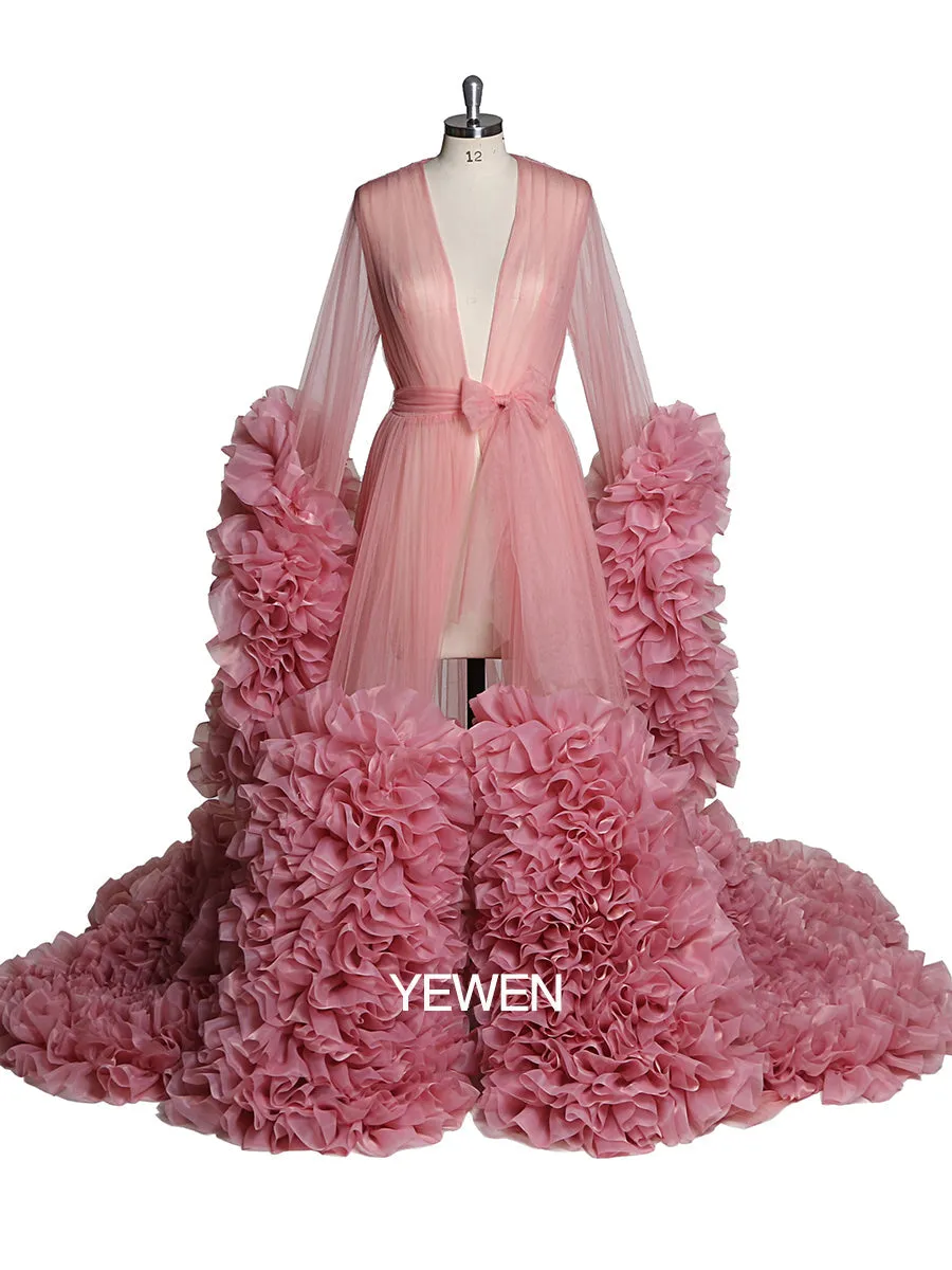 Bow V Neck Organza Pleated Ruffled Long Sleeve Maternity Dress Photo Shoot Baby Shower