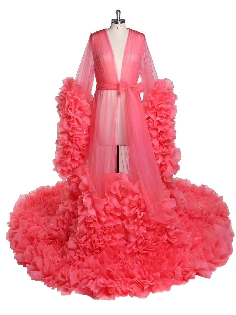 Bow V Neck Organza Pleated Ruffled Long Sleeve Maternity Dress Photo Shoot Baby Shower