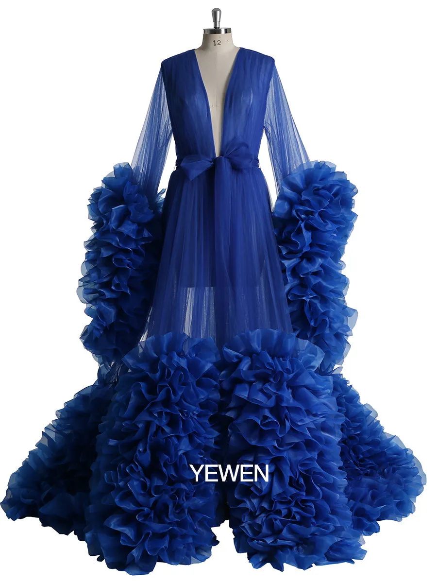 Bow V Neck Organza Pleated Ruffled Long Sleeve Maternity Dress Photo Shoot Baby Shower