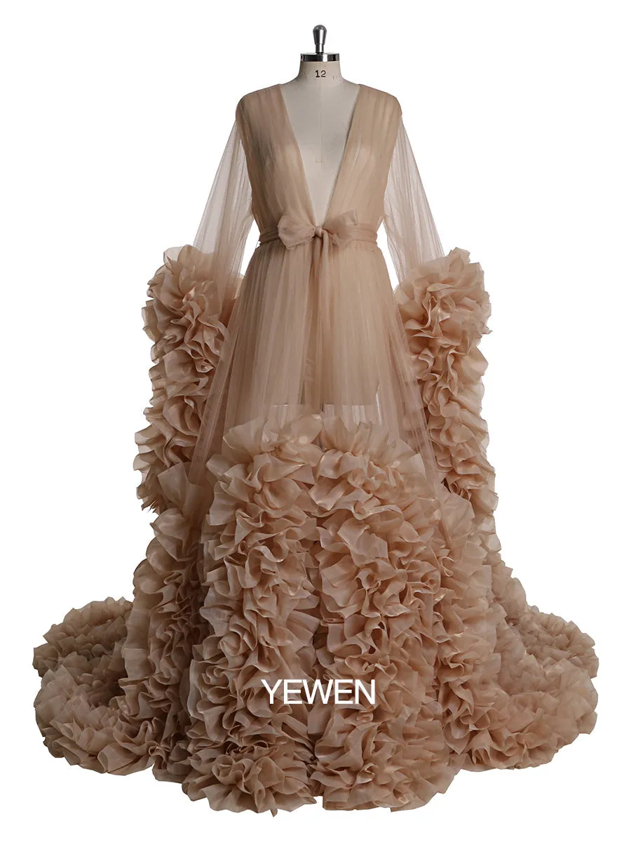 Bow V Neck Organza Pleated Ruffled Long Sleeve Maternity Dress Photo Shoot Baby Shower