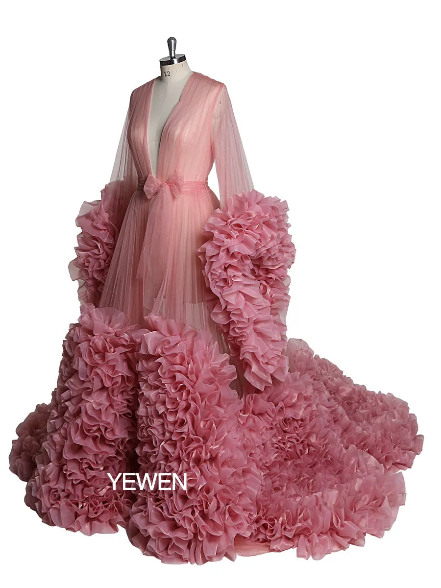 Bow V Neck Organza Pleated Ruffled Long Sleeve Maternity Dress Photo Shoot Baby Shower