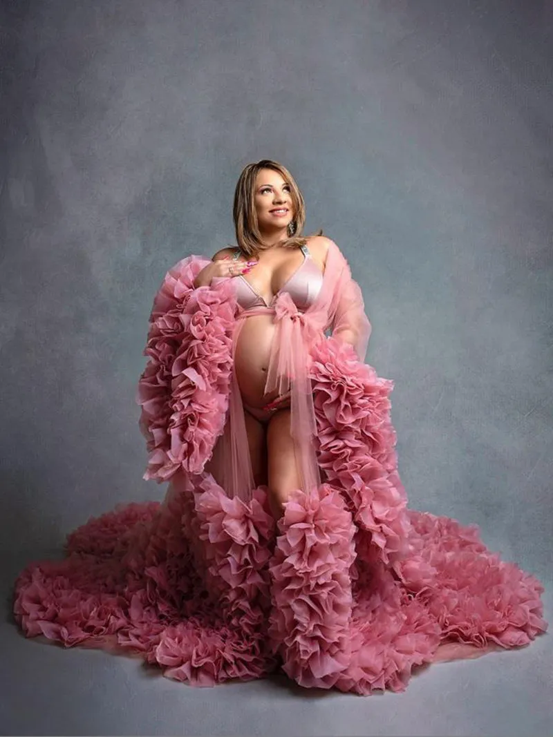 Bow V Neck Organza Pleated Ruffled Long Sleeve Maternity Dress Photo Shoot Baby Shower