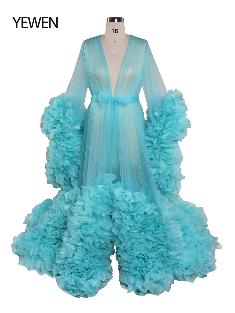 Bow V Neck Organza Pleated Ruffled Long Sleeve Maternity Dress Photo Shoot Baby Shower