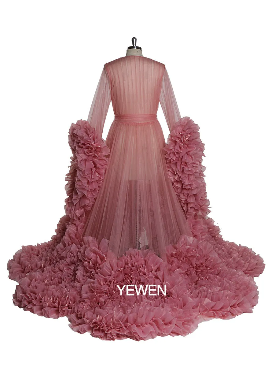 Bow V Neck Organza Pleated Ruffled Long Sleeve Maternity Dress Photo Shoot Baby Shower