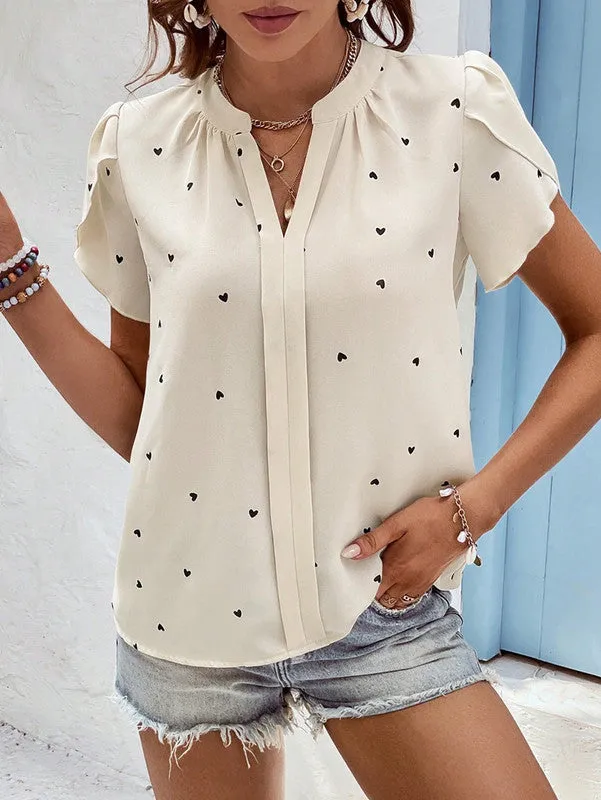 Brigitte | Charming Blouse with Heart Print and V Neckline